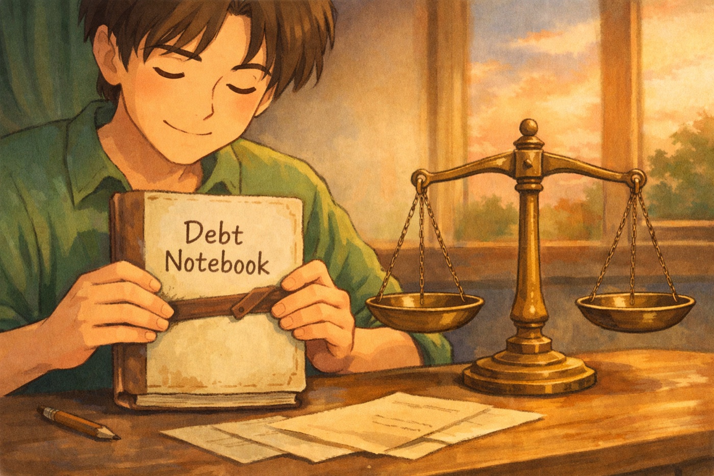 Wallie settles debts with a balanced ledger and smiles