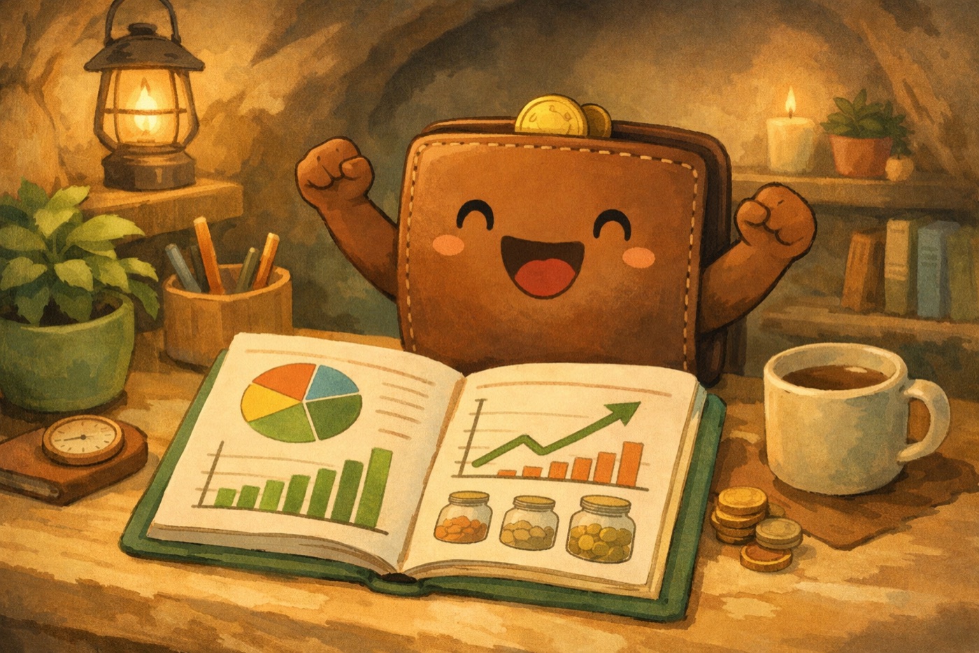 Wallie celebrates financial progress while reviewing colorful reports
