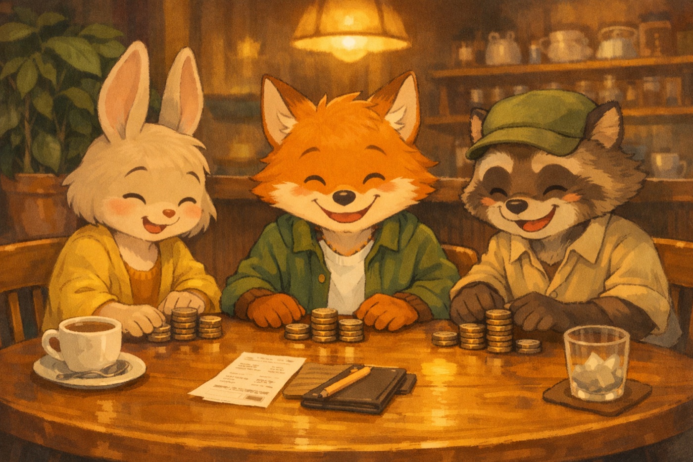 Wallie and friends happily split a bill with clear coin piles
